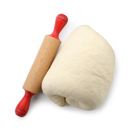 Photo of Raw dough and rolling pin isolated on white, top view