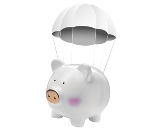 Cute piggy bank with parachute flying on white background