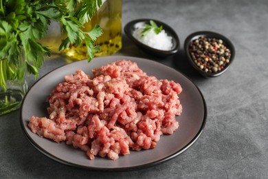 Raw ground meat, spices, parsley and oil on grey table