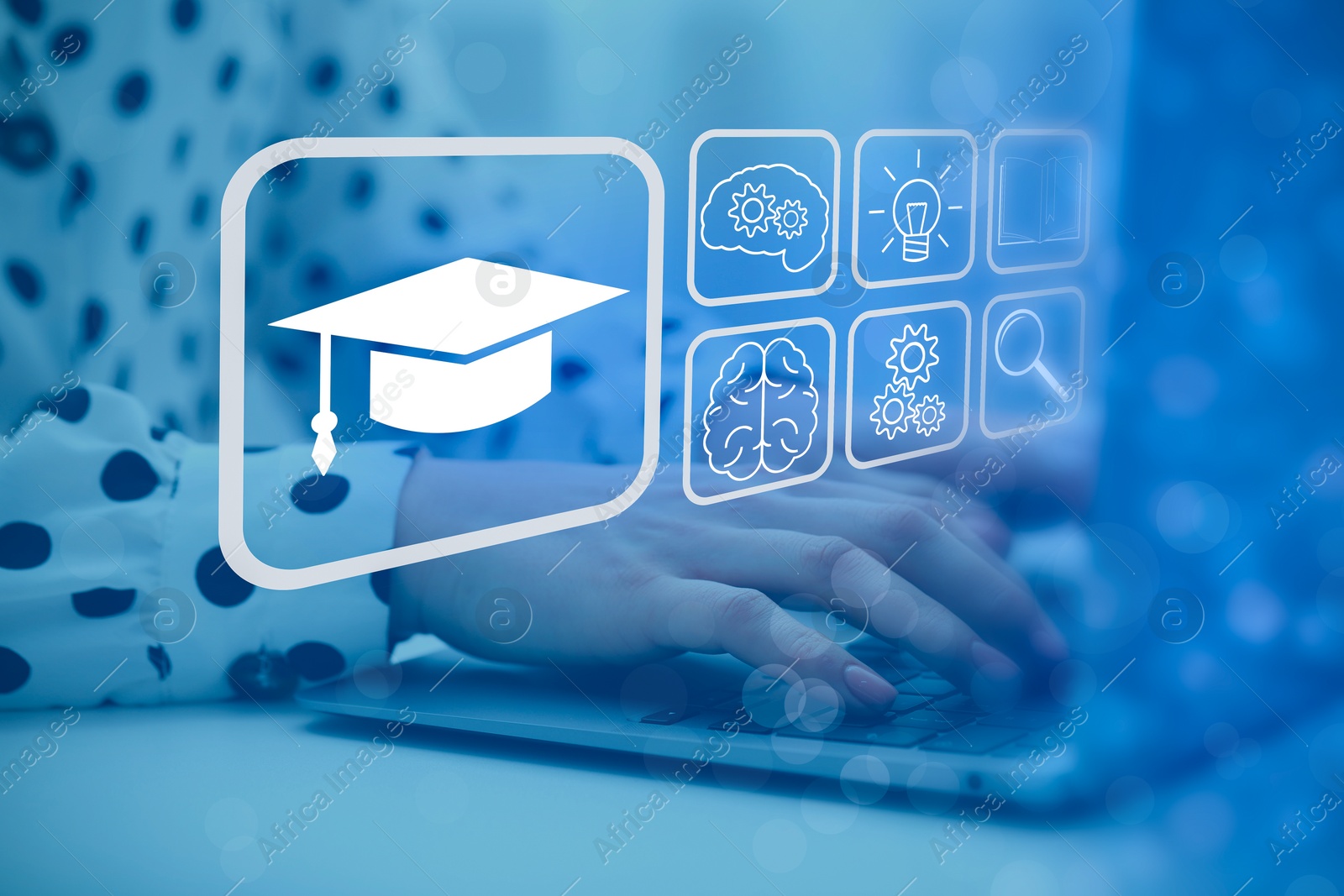 Image of E-learning. Woman working with laptop at table, closeup. Illustrations of different icons