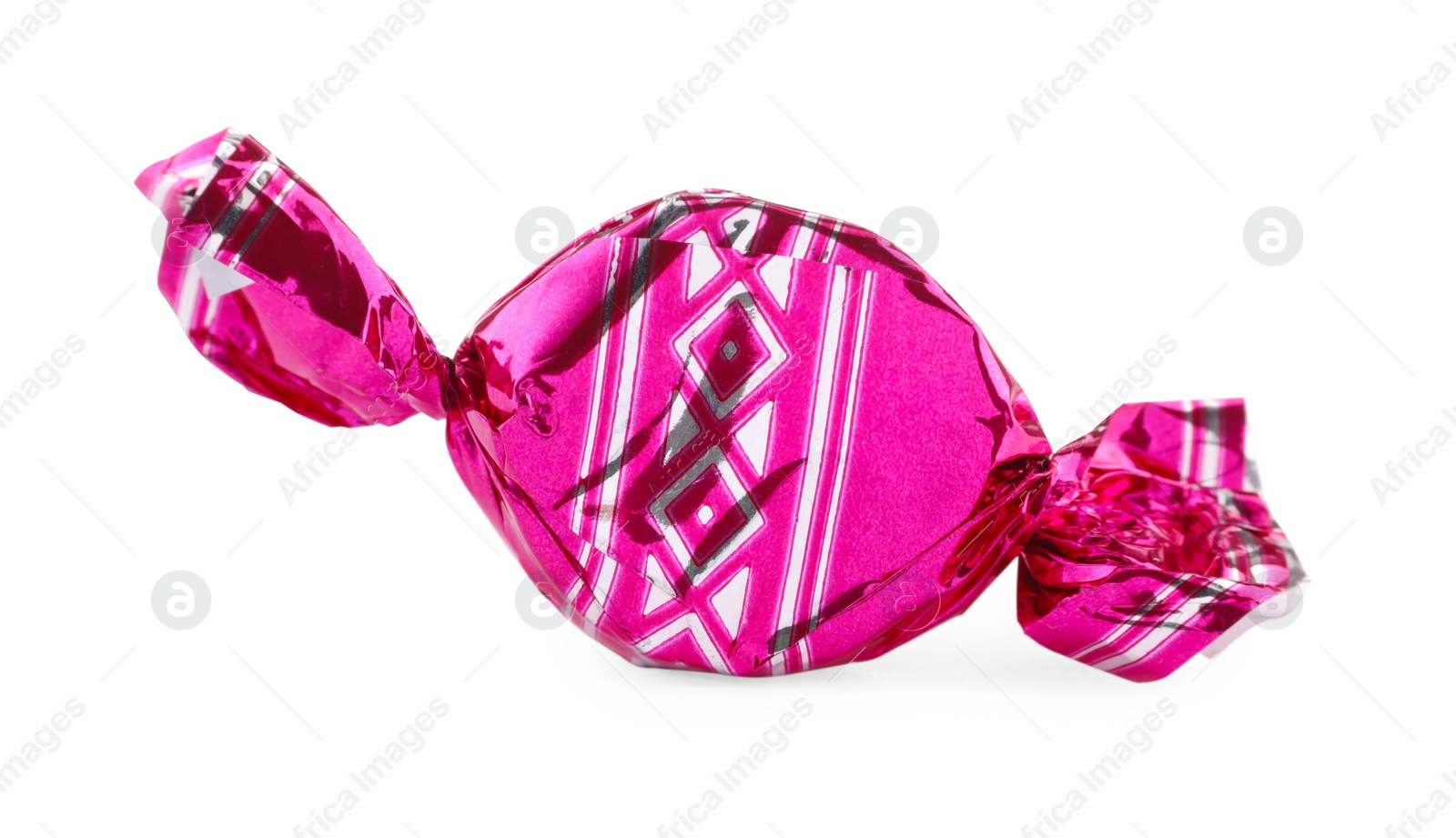 Photo of Candy in bright pink wrapper isolated on white