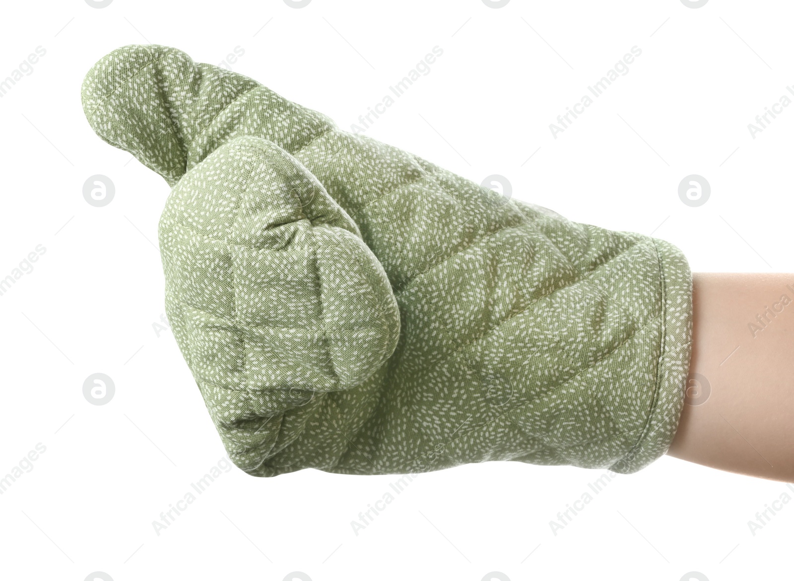 Photo of Chef in oven glove on white background, closeup