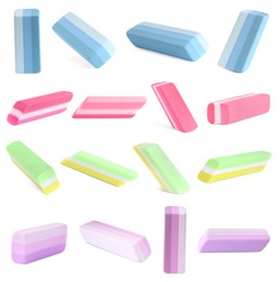 Collage of rubber erasers on white background