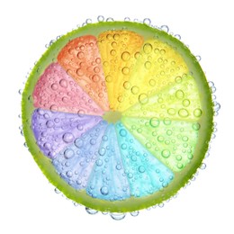 Image of Fresh lime slice with rainbow segments and water bubbles on white background. Brighten your life