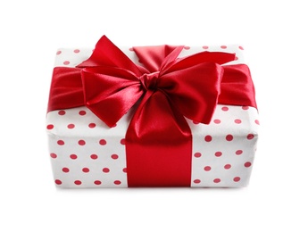 Photo of Beautifully wrapped gift box on white background