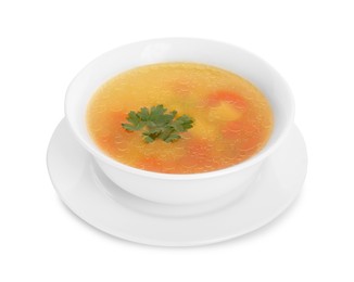 Delicious soup with parsley isolated on white