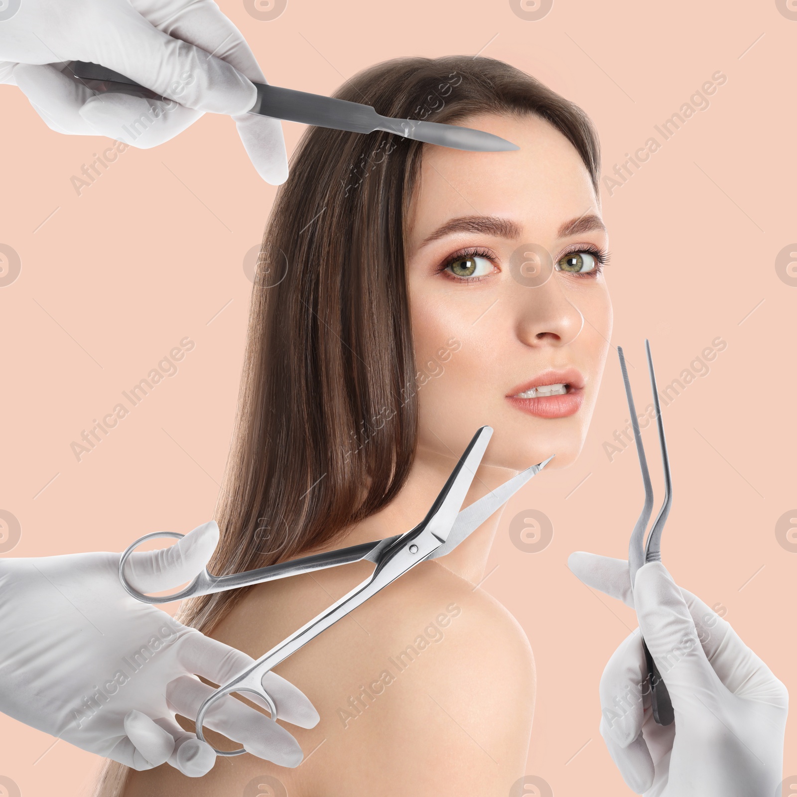 Image of Doctors with different instruments and young woman on beige background, collage. Concept of plastic surgery 