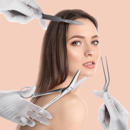 Doctors with different instruments and young woman on beige background, collage. Concept of plastic surgery 