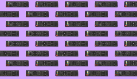 Image of Remote controller pattern on violet background, top view. Collage design