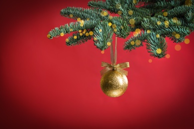 Photo of Beautiful Christmas ball hanging on fir tree branch against red background, bokeh effect. Space for text