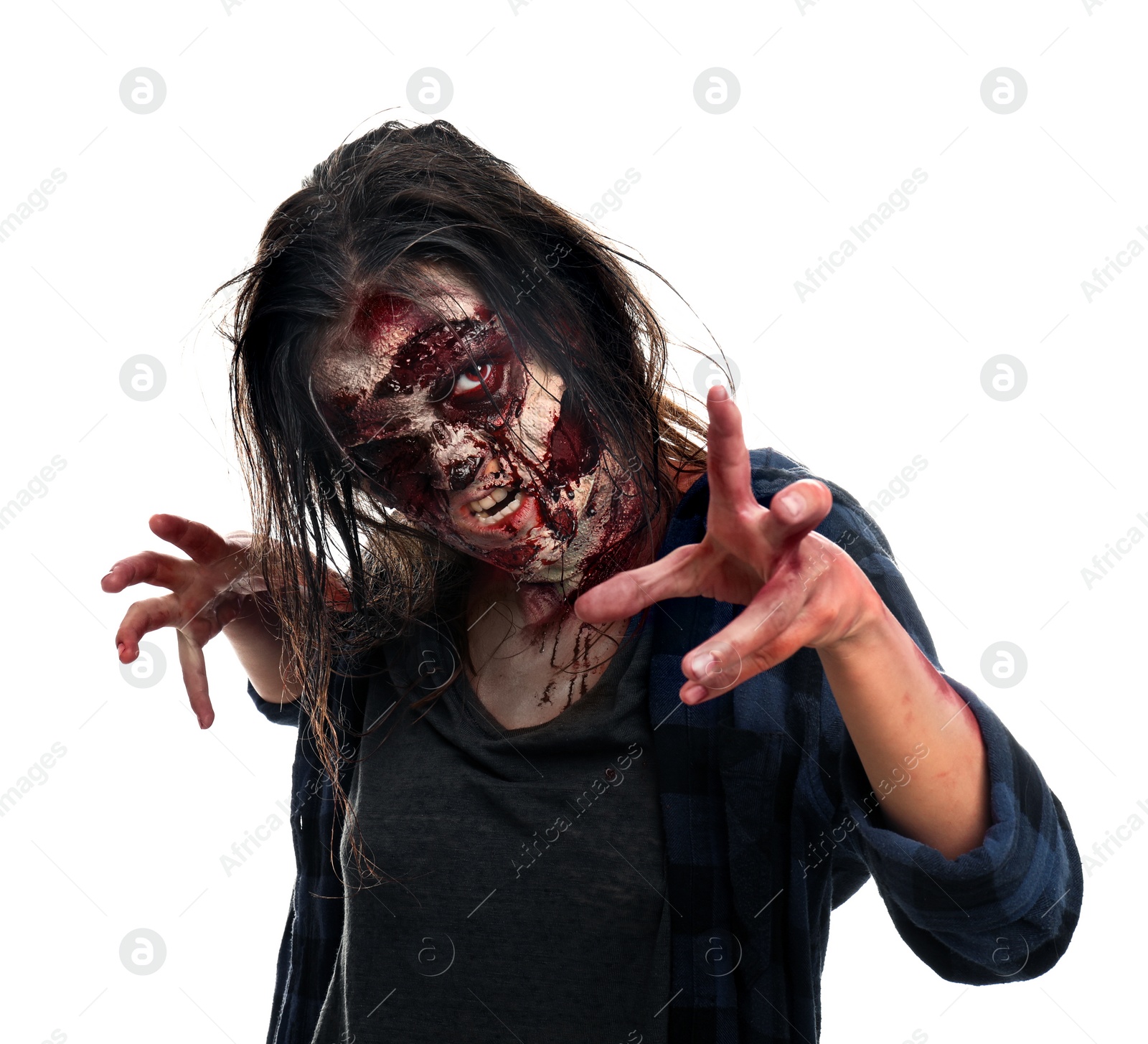 Photo of Scary zombie on white background. Halloween monster