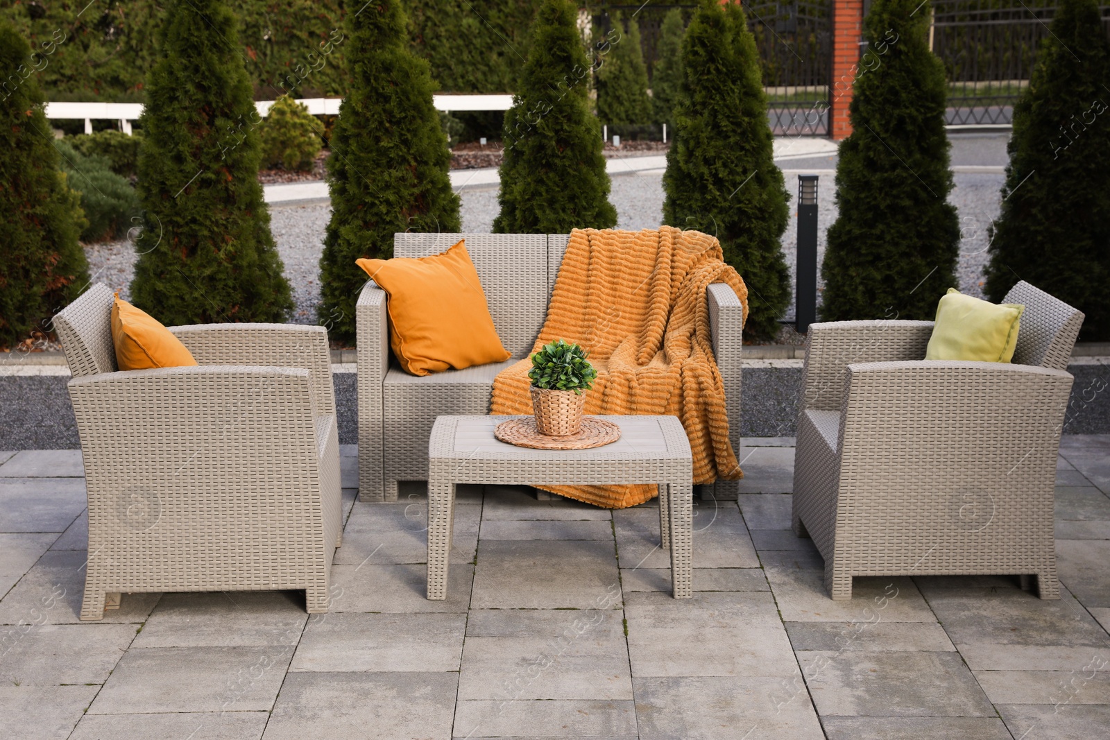 Photo of Beautiful rattan garden furniture, soft pillows and houseplant outdoors