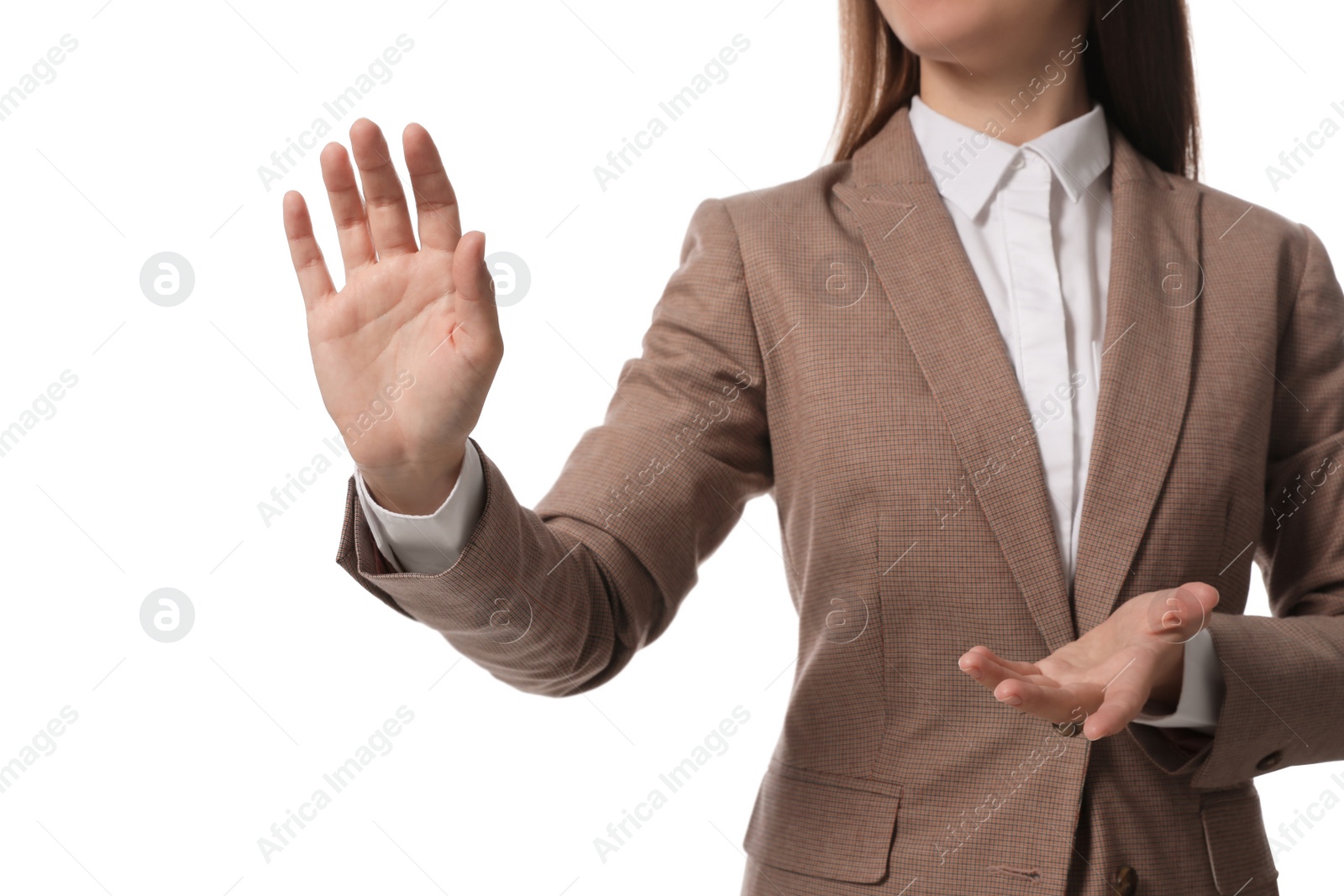 Photo of Businesswoman touching something on white background, closeup