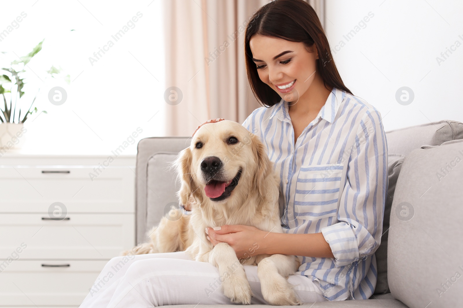 Photo of Young woman and her Golden Retriever dog in living room