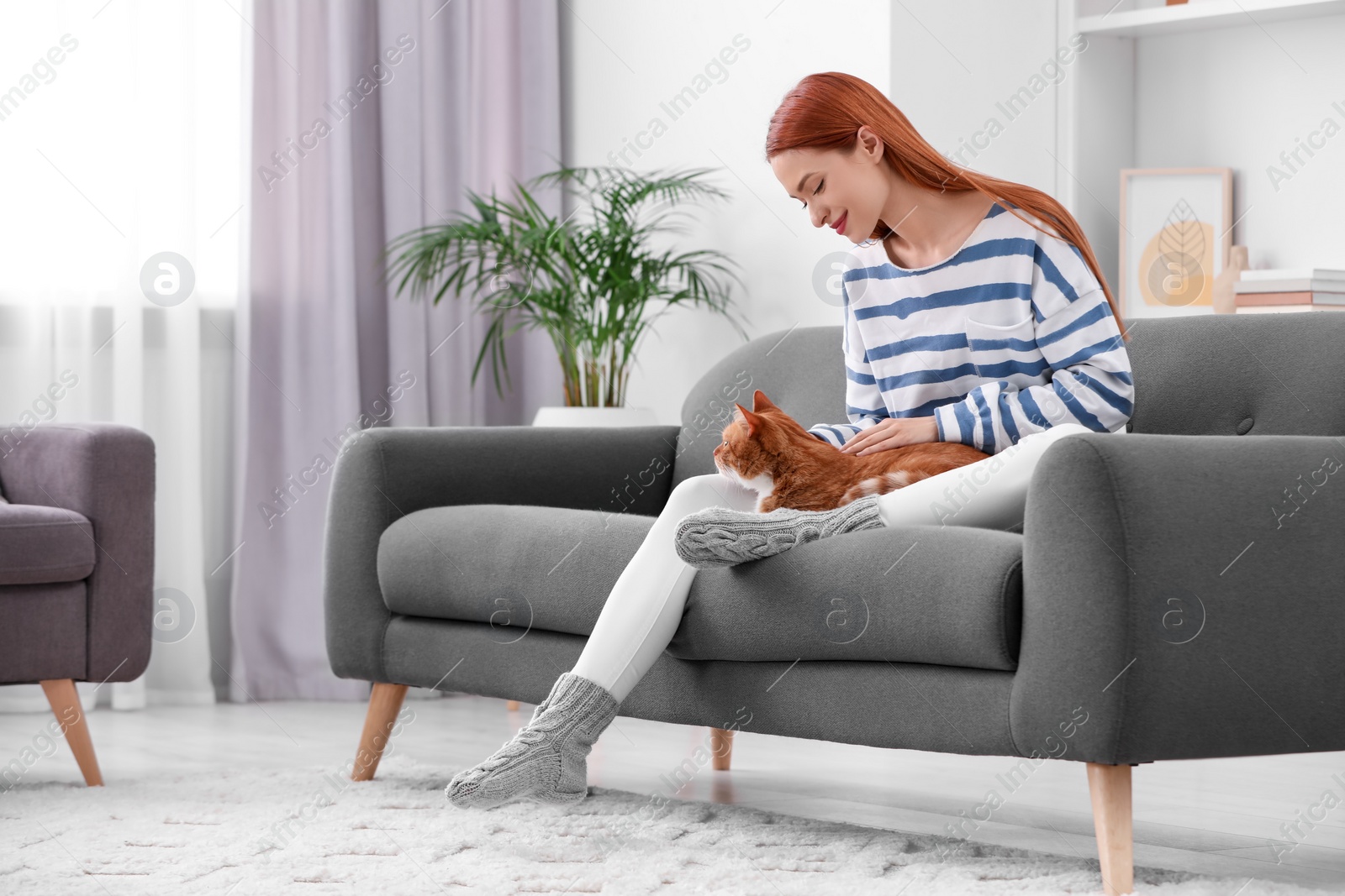 Photo of Woman with her cute cat on sofa at home