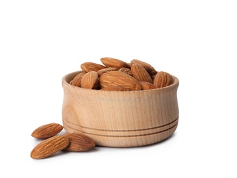 Photo of Bowl with organic almond nuts on white background