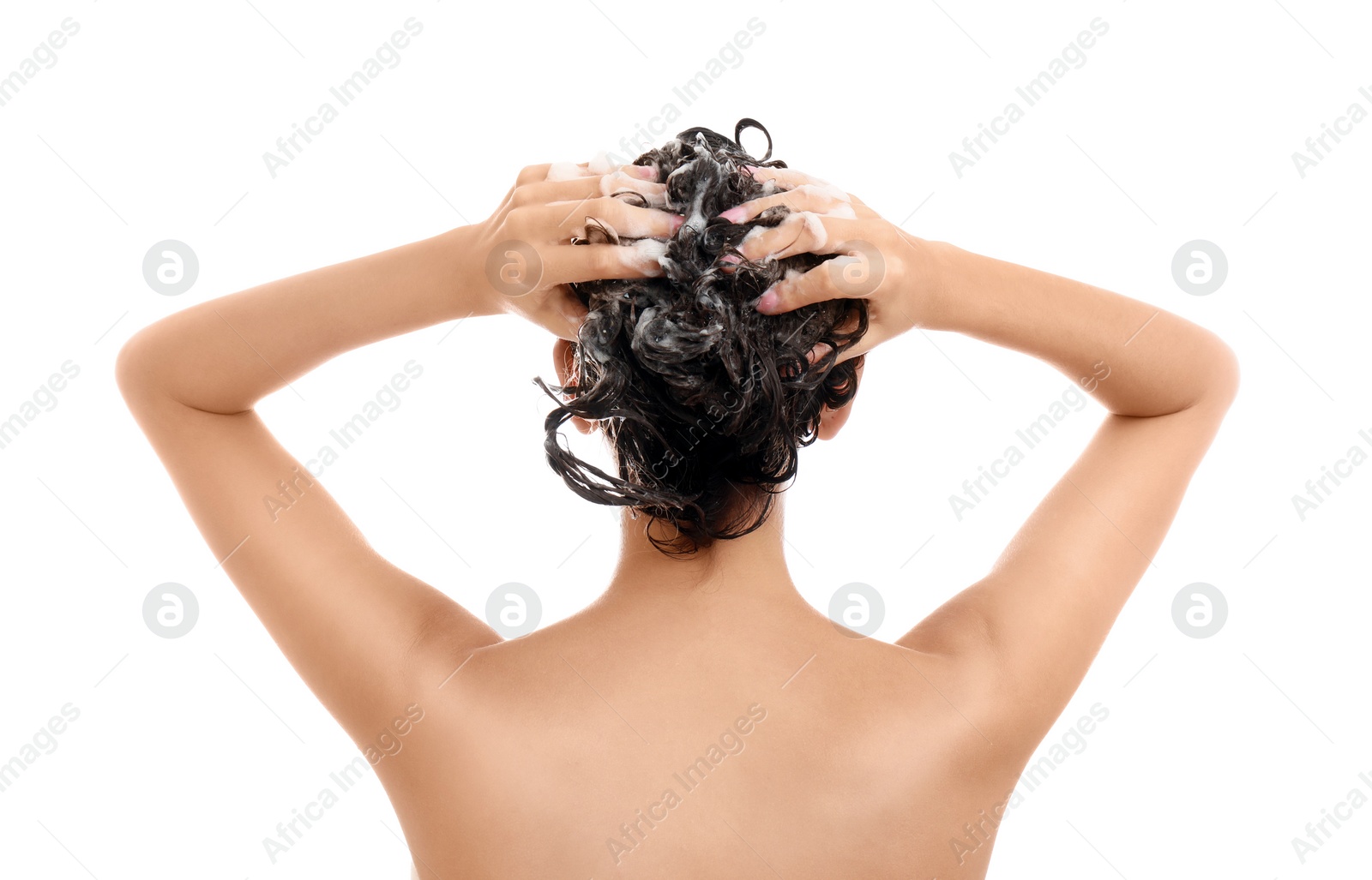 Photo of Young woman washing hair on white background