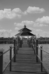 Image of Beautiful view of bridge and gazebo on lake, toned in black and white