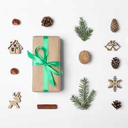 Photo of Composition with Christmas gift box on white background, top view