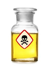 Image of Glass bottle with yellow toxic sample and warning sign on white background