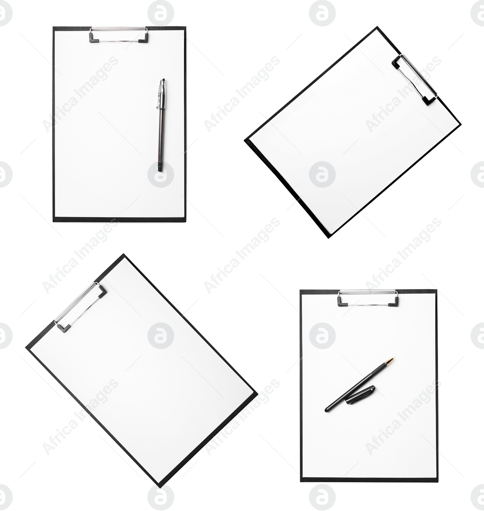 Image of Black clipboards with blank sheets of paper on white background, top view