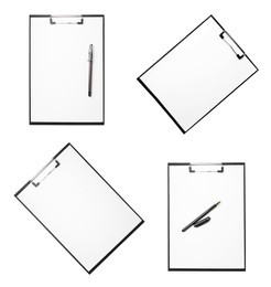 Image of Black clipboards with blank sheets of paper on white background, top view