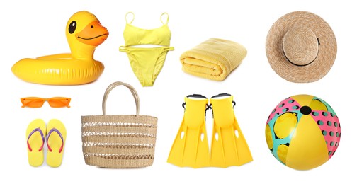 Set with stylish beach bag and other accessories on white background. Banner design 