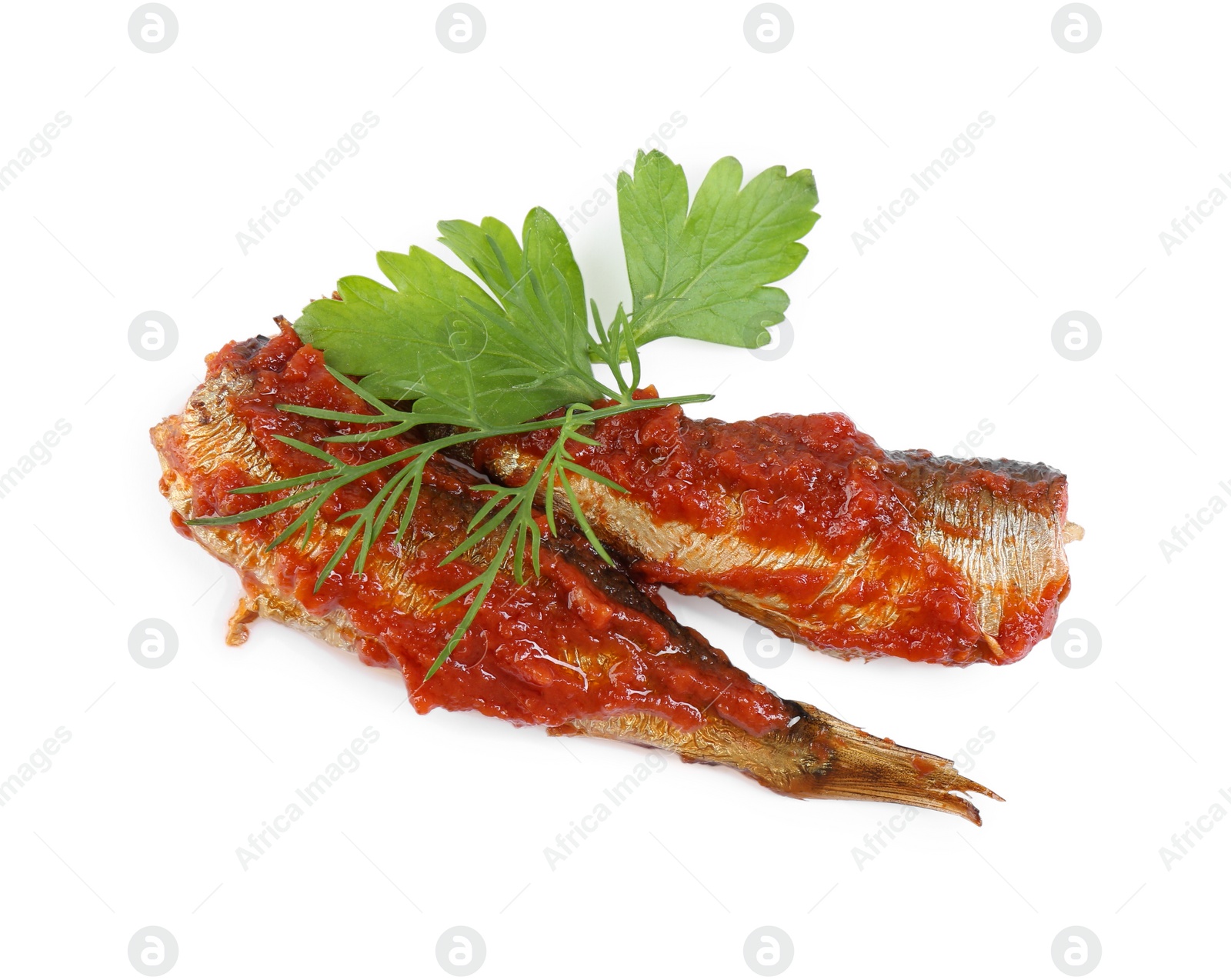 Photo of Tasty canned sprats with tomato sauce, parsley and dill isolated on white