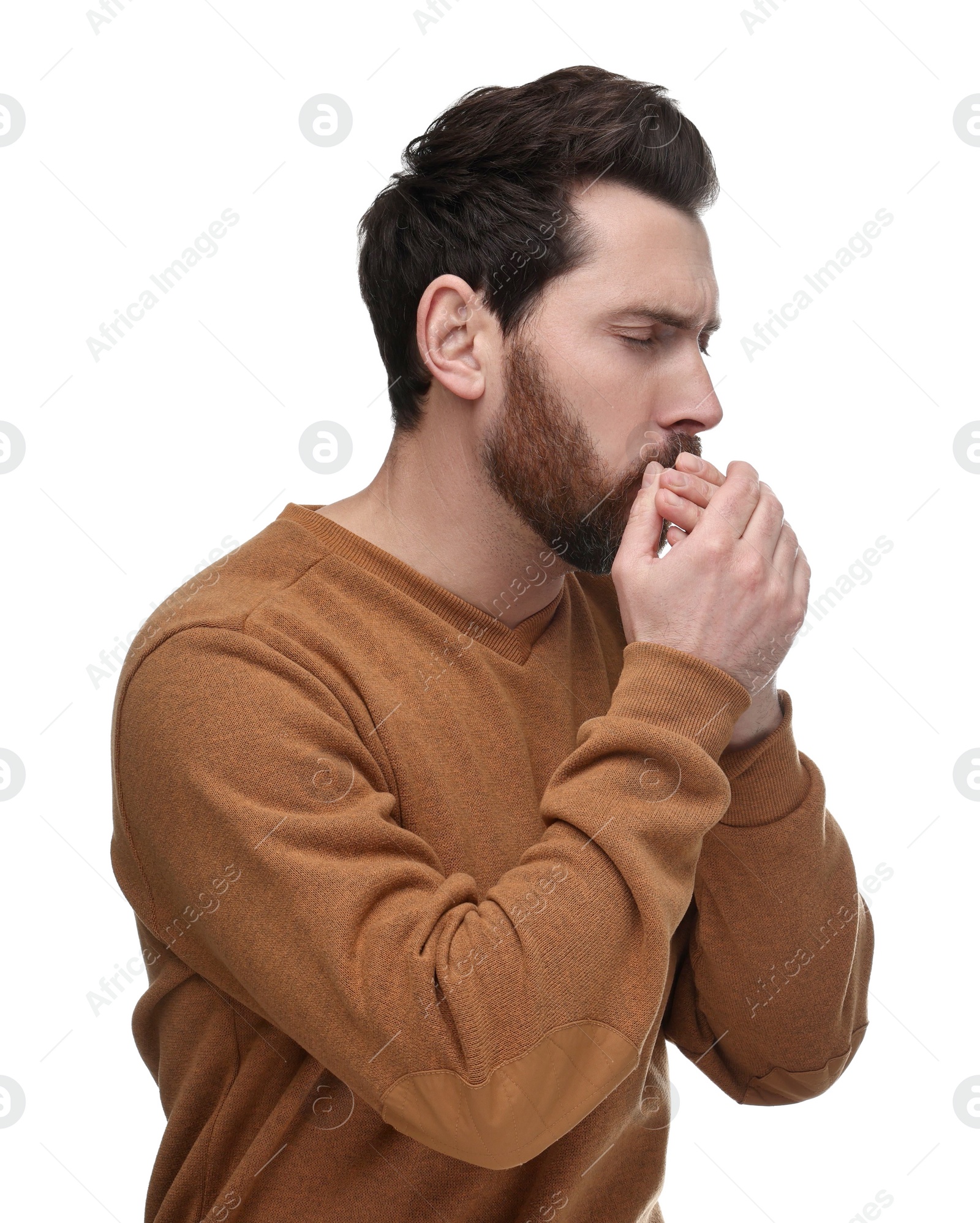 Photo of Sick man coughing on white background. Cold symptoms