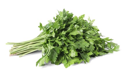 Photo of Heap of chopped parsley leaves isolated on white