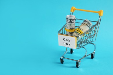 Rolled dollar banknotes in shopping cart on light blue background, space for text. Cashback concept
