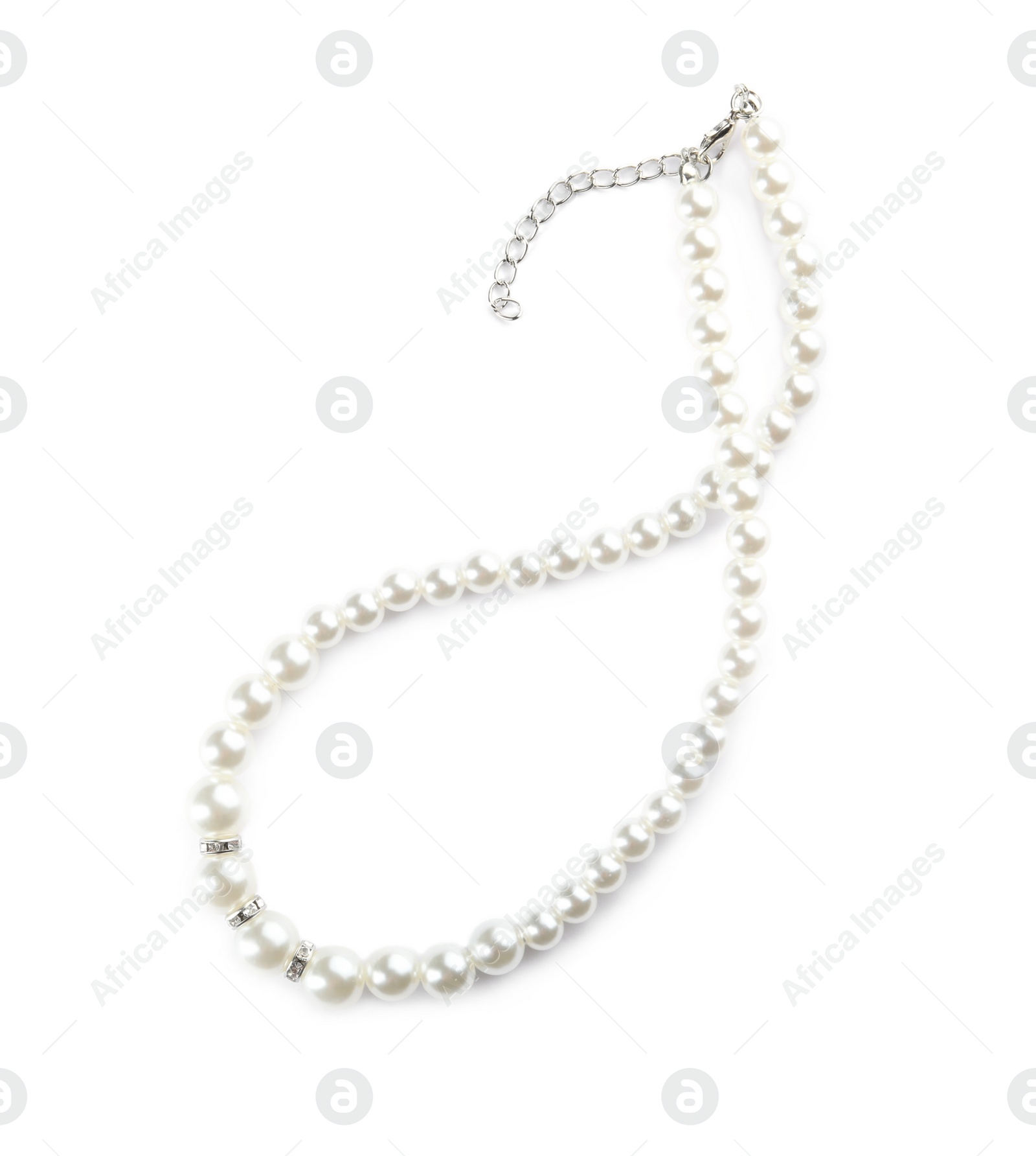 Photo of Elegant pearl necklace isolated on white, top view