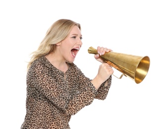 Photo of Young woman shouting into megaphone on white background