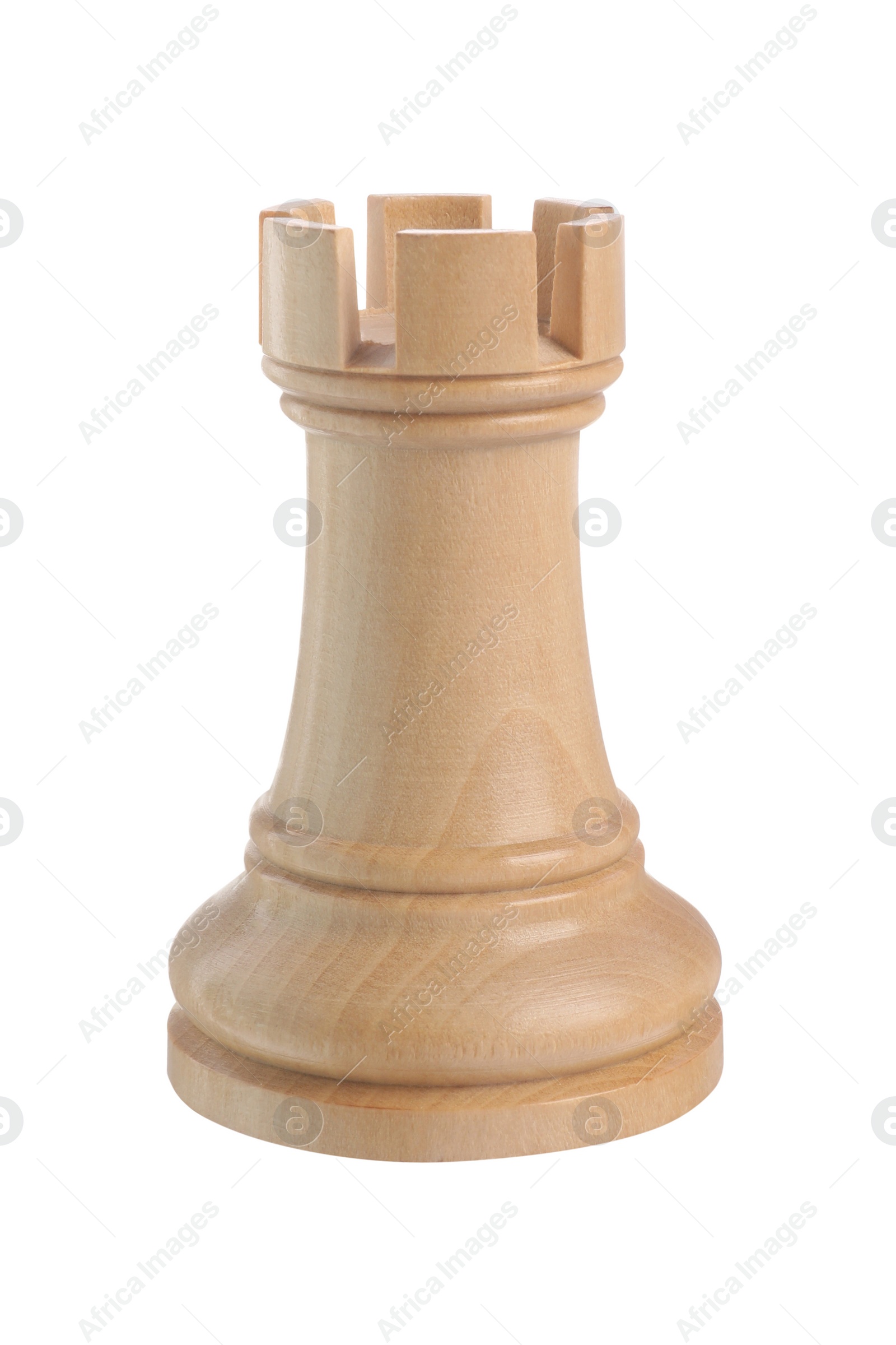 Photo of One wooden chess rook isolated on white