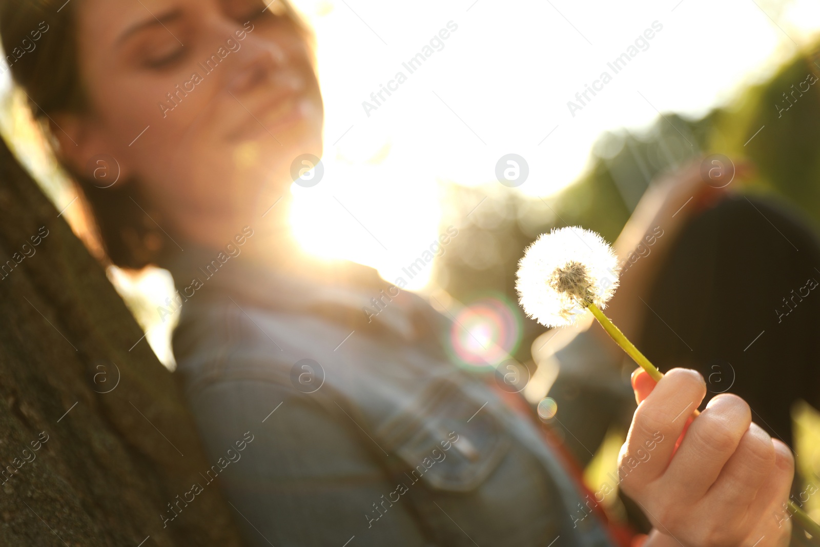 Photo of Young woman with dandelion in park on sunny day, closeup. Allergy free concept