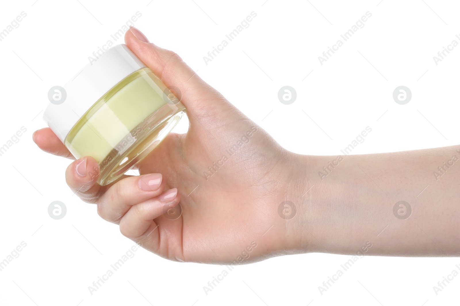 Photo of Woman with jar of cream isolated on white, closeup