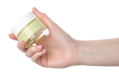 Woman with jar of cream isolated on white, closeup