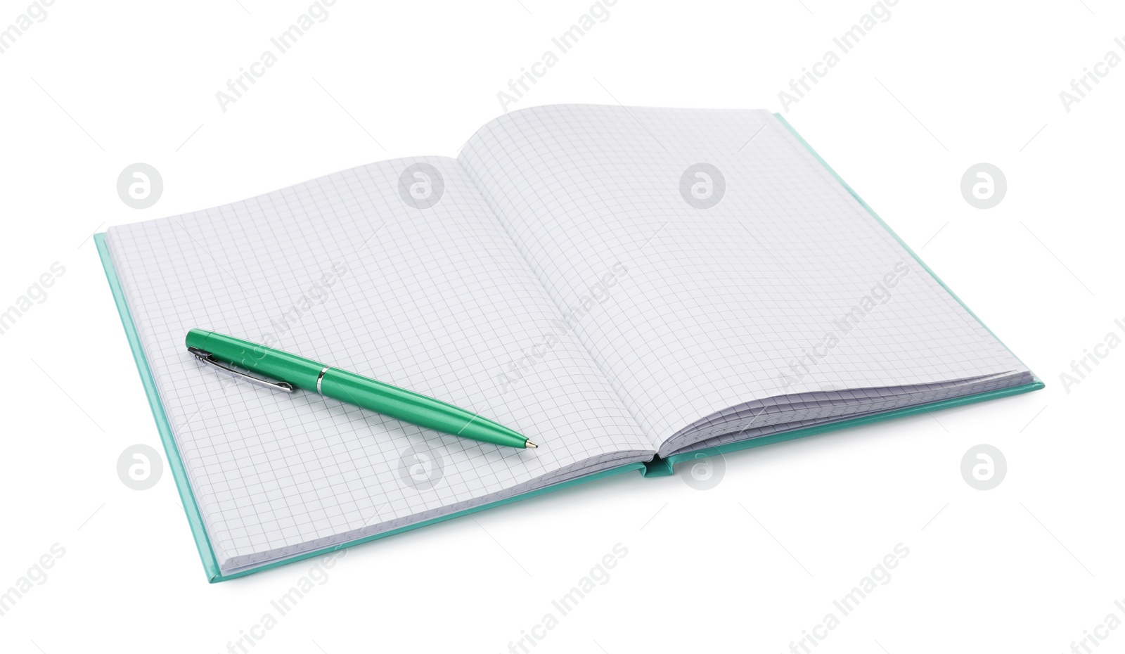 Photo of Open notebook with blank sheets and pen isolated on white