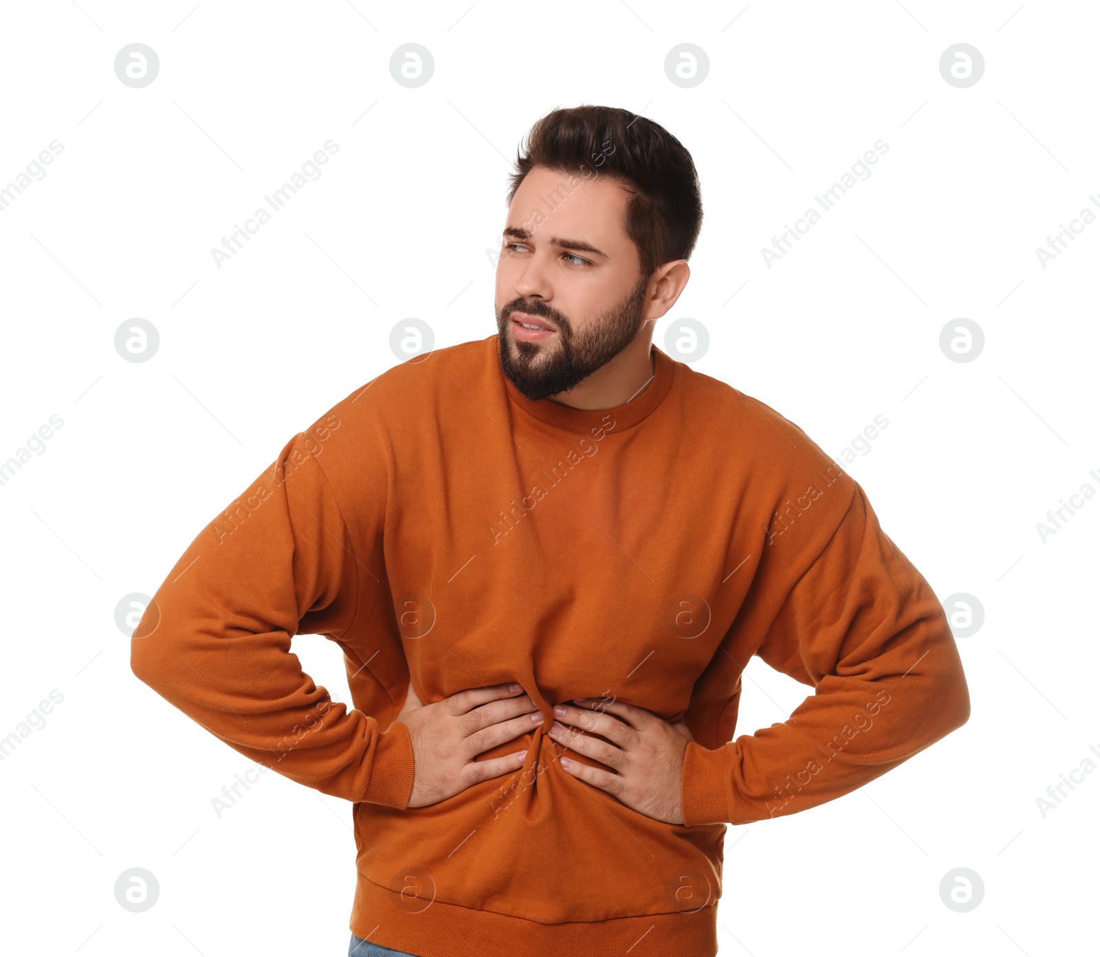 Photo of Young man suffering from stomach pain on white background