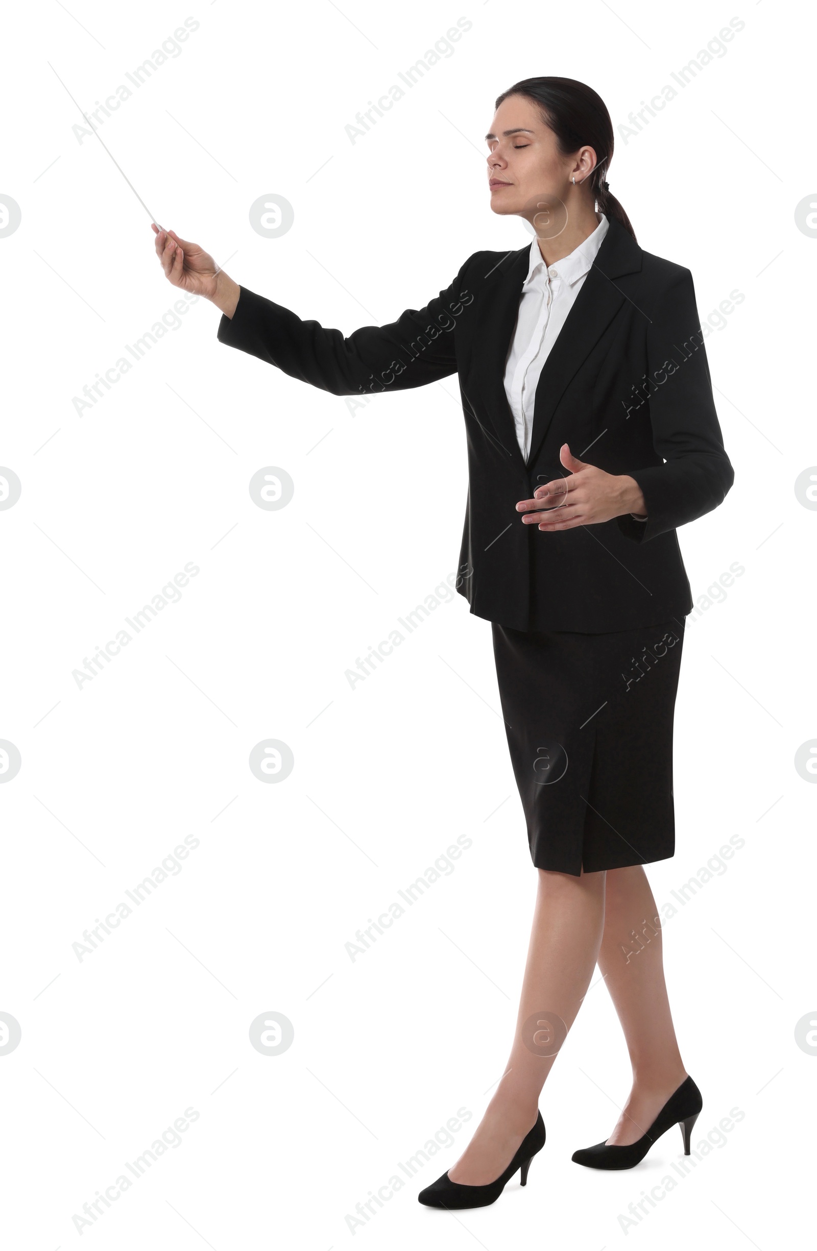 Photo of Professional young conductor with baton on white background