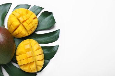 Ripe mangoes with palm leaf on white background, flat lay. Space for text