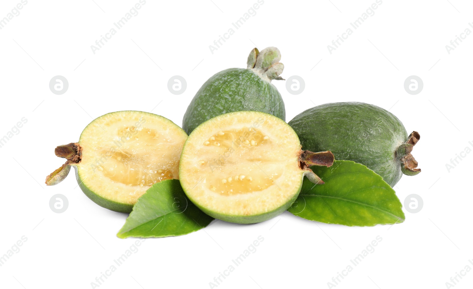 Photo of Pile of feijoas and leaves on white background