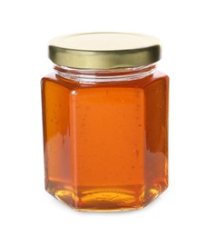 Photo of Tasty natural honey in glass jar isolated on white