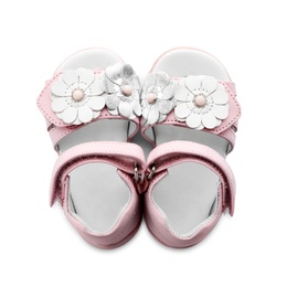 Photo of Pair of cute baby sandals decorated with flowers on white background, top view