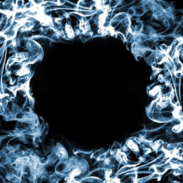 Image of Frame of smoke on black background, space for text