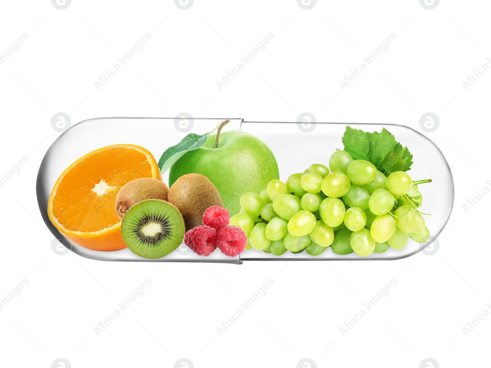 Image of Transparent capsule with different fruits and berries rich in vitamins on white background