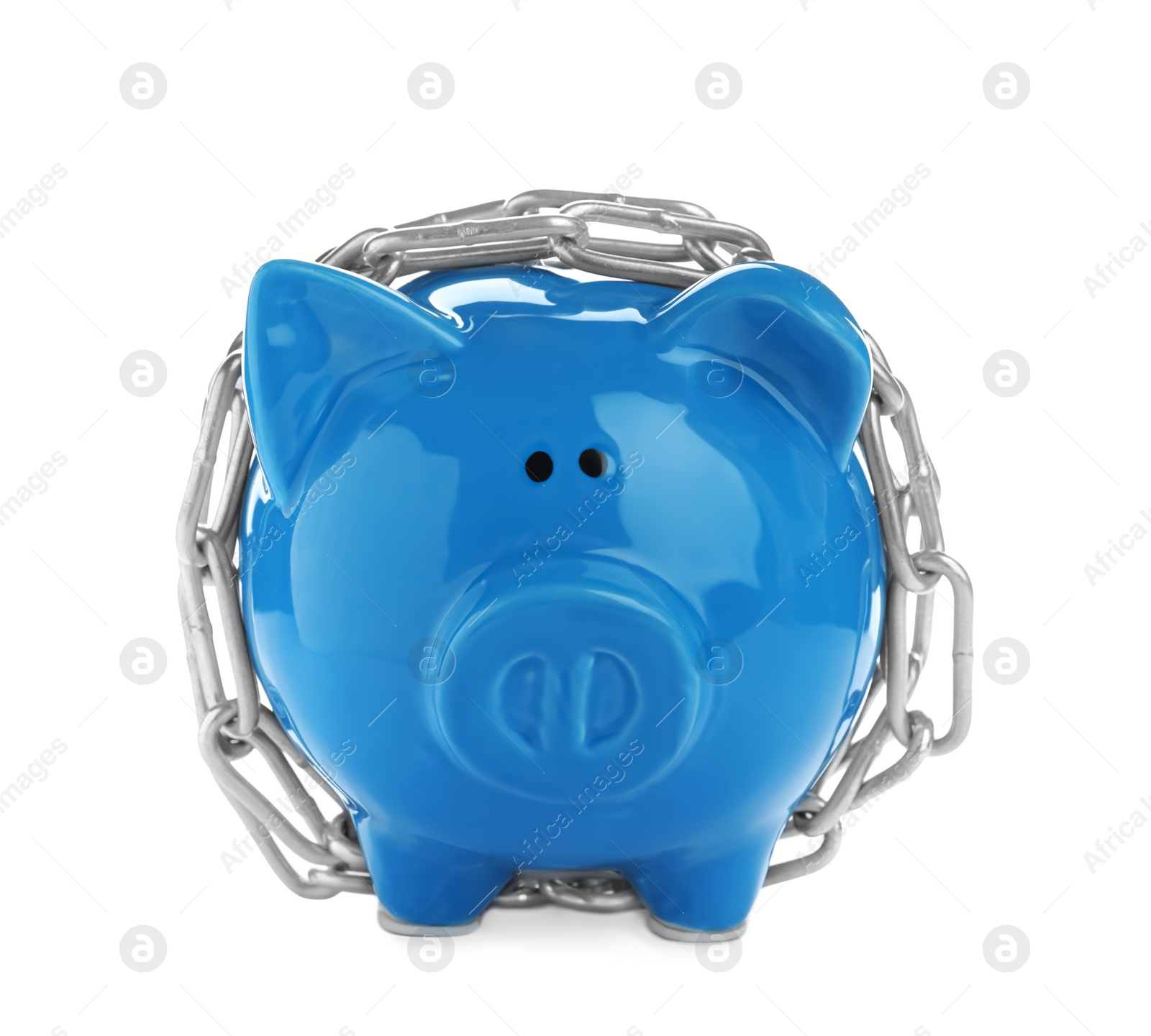 Photo of Piggy bank with steel chain isolated on white. Money safety concept