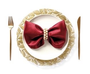 Elegant table setting on white background, top view