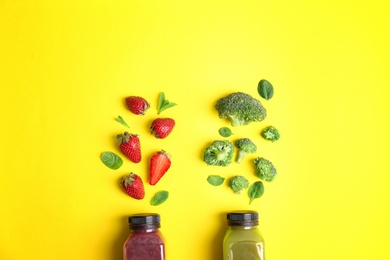 Flat lay composition with healthy detox smoothies and ingredients on color background