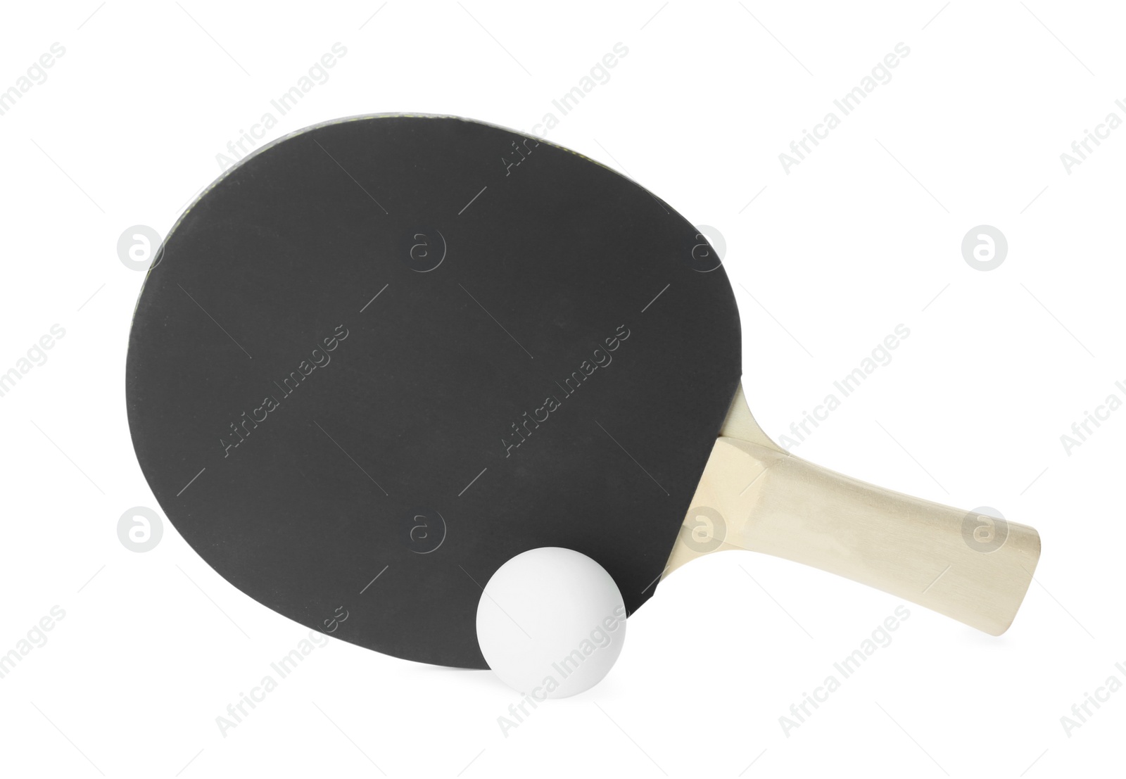 Photo of Ping pong racket and ball isolated on white